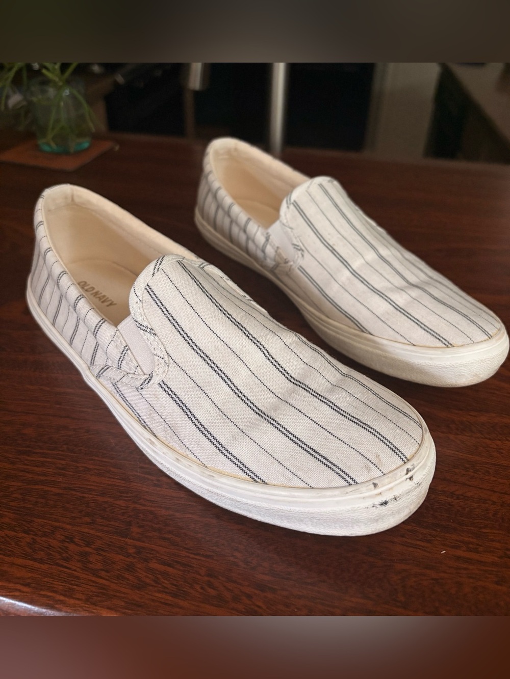 Striped Slip-On Canvas Sneakers -White with Black Pinstripes